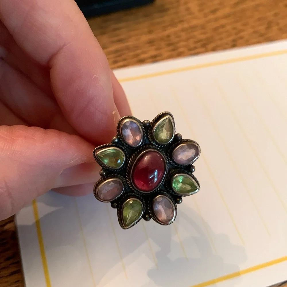 Vintage ‘S’ sterling marked silver boho ring w peridot, amethyst amber sz 7 - Picture 1 of 8